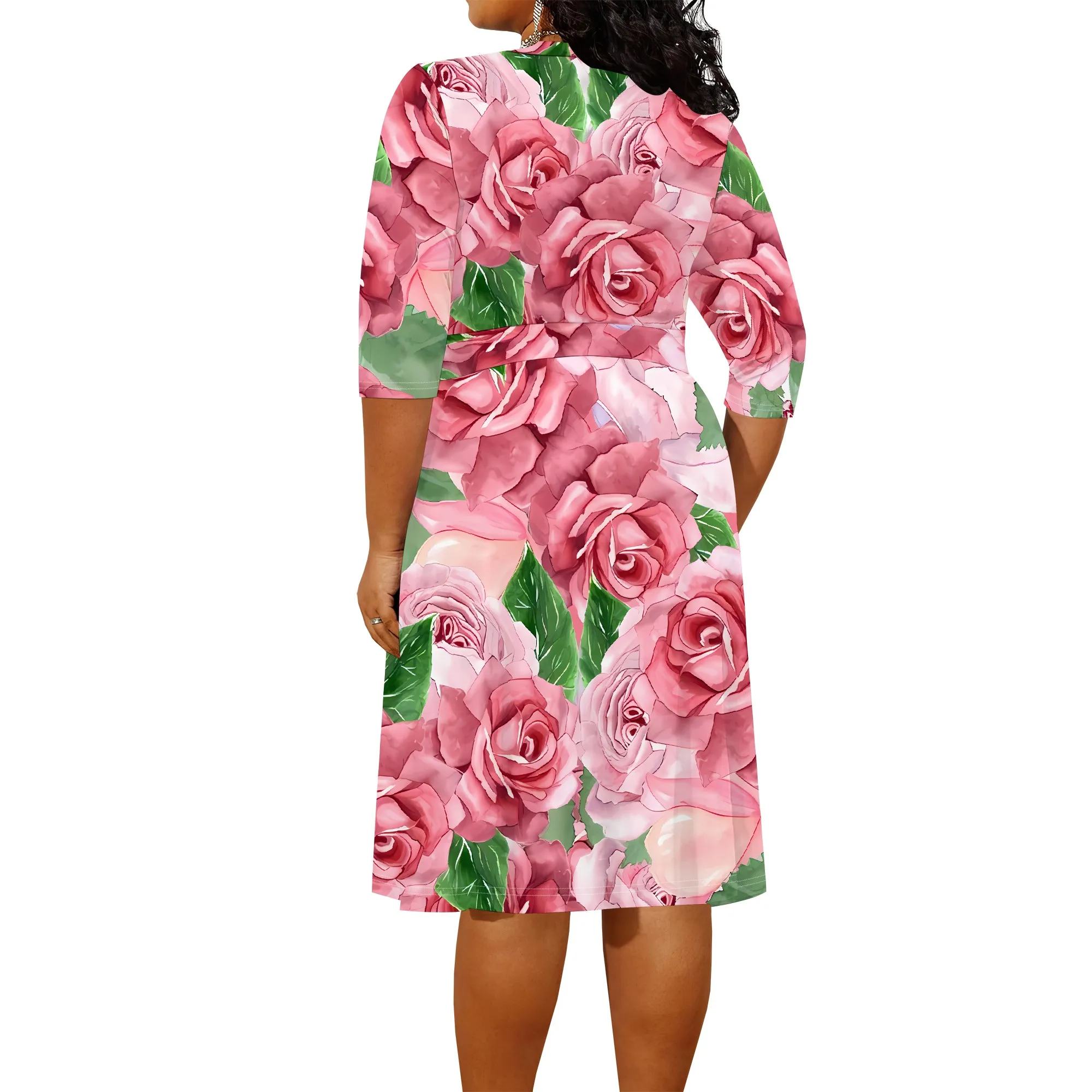 Plus size dress for curvy women Floral V-neck 3/4 sleeve A-line skirt with belt