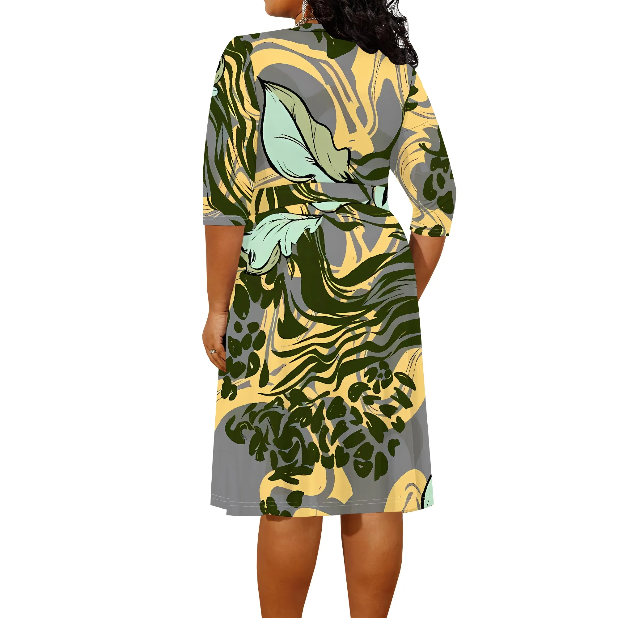 Plus size dress for curvy women Floral V-neck 3/4 sleeve A-line skirt with belt