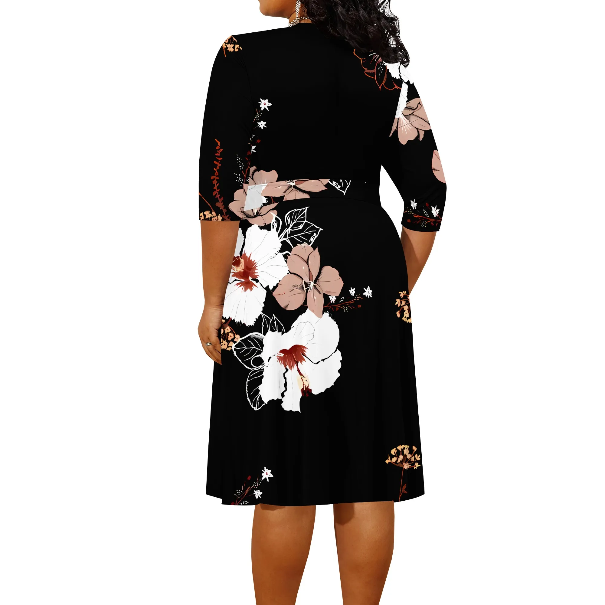 Plus size dress for curvy women Floral V-neck 3/4 sleeve A-line skirt with belt