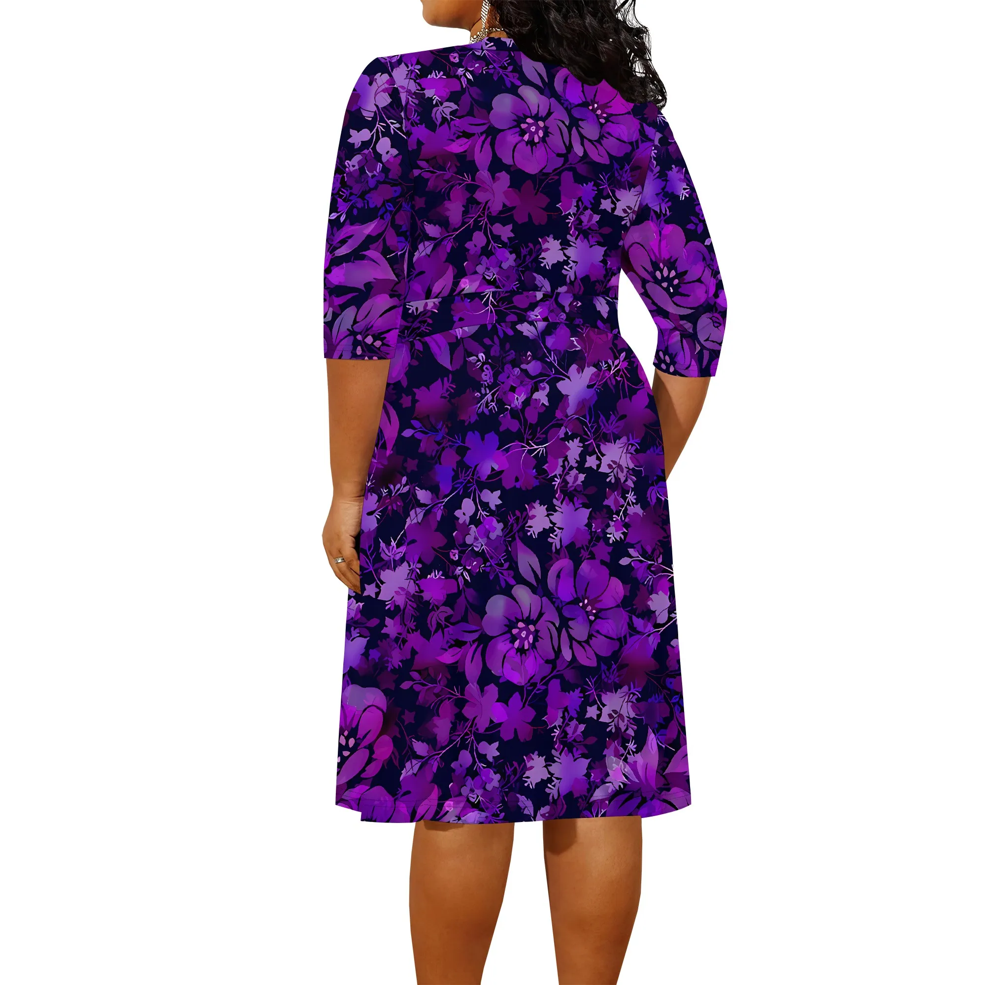 Plus size dress for curvy women Floral V-neck 3/4 sleeve A-line skirt with belt