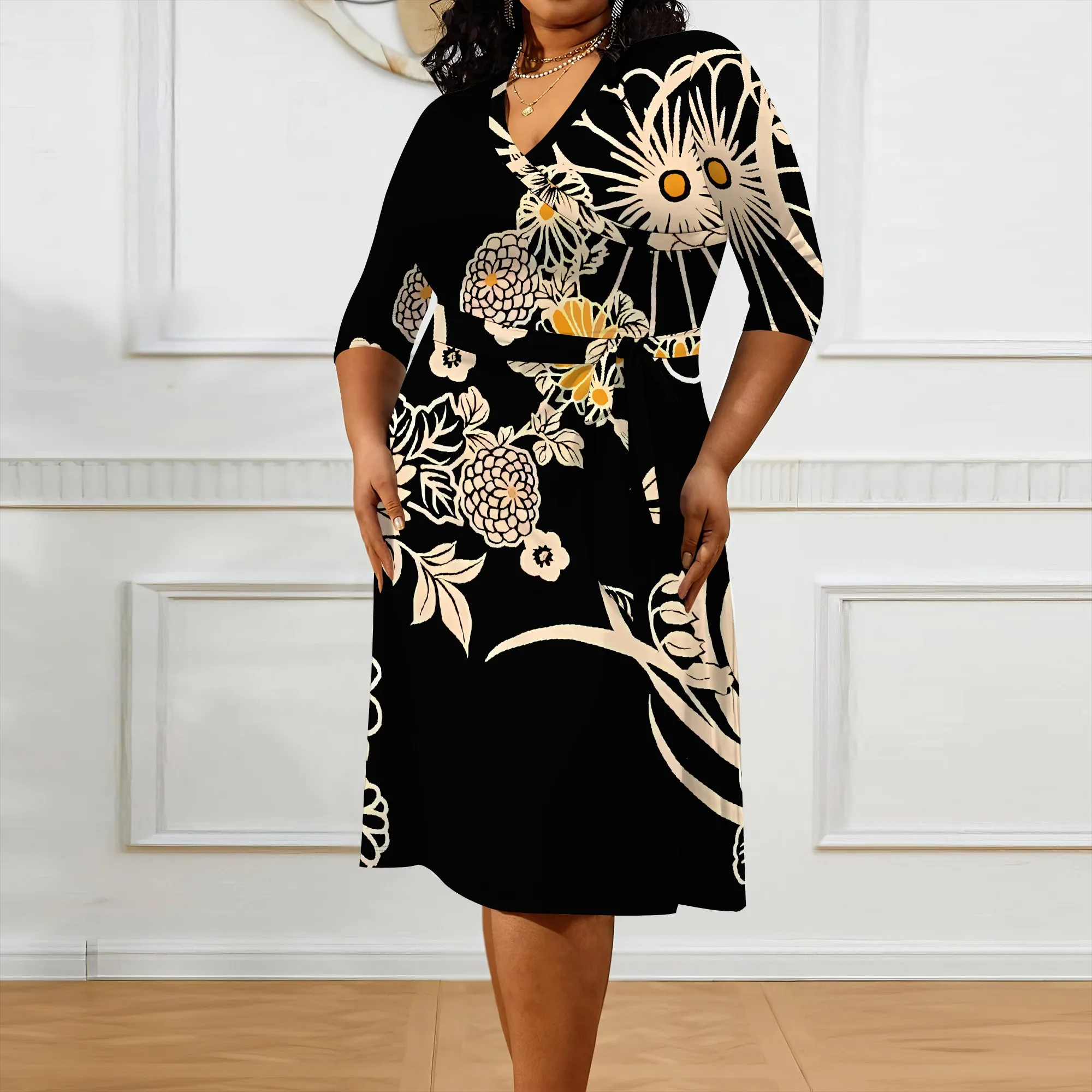 Plus size dress for curvy women Floral V-neck 3/4 sleeve A-line skirt with belt