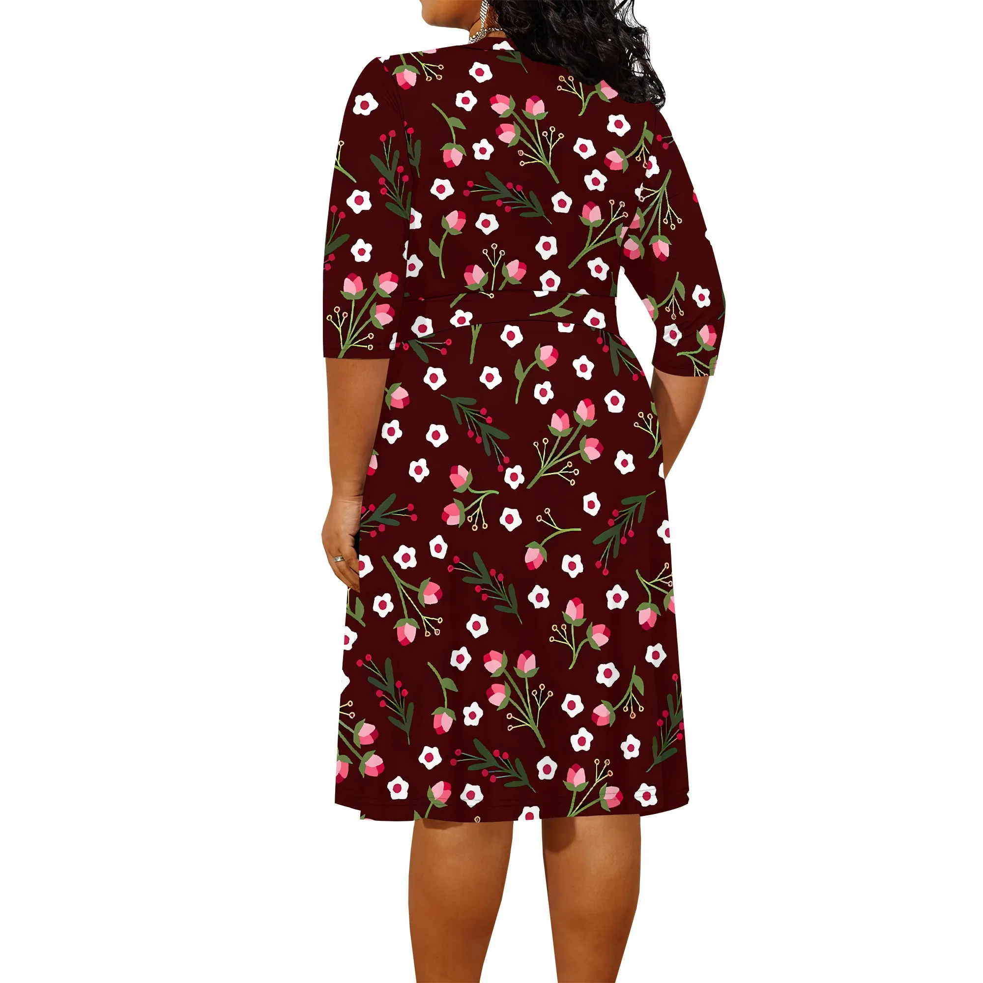 Plus size dress for curvy women Floral V-neck 3/4 sleeve A-line skirt with belt