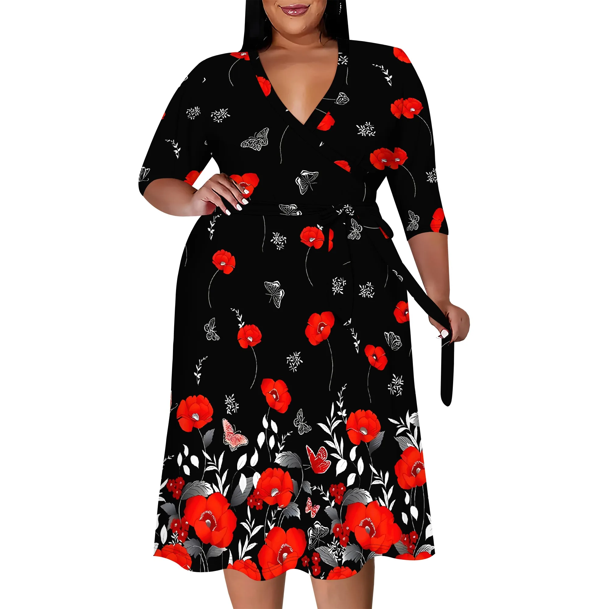 Plus size dress for curvy women Floral V-neck 3/4 sleeve A-line skirt with belt