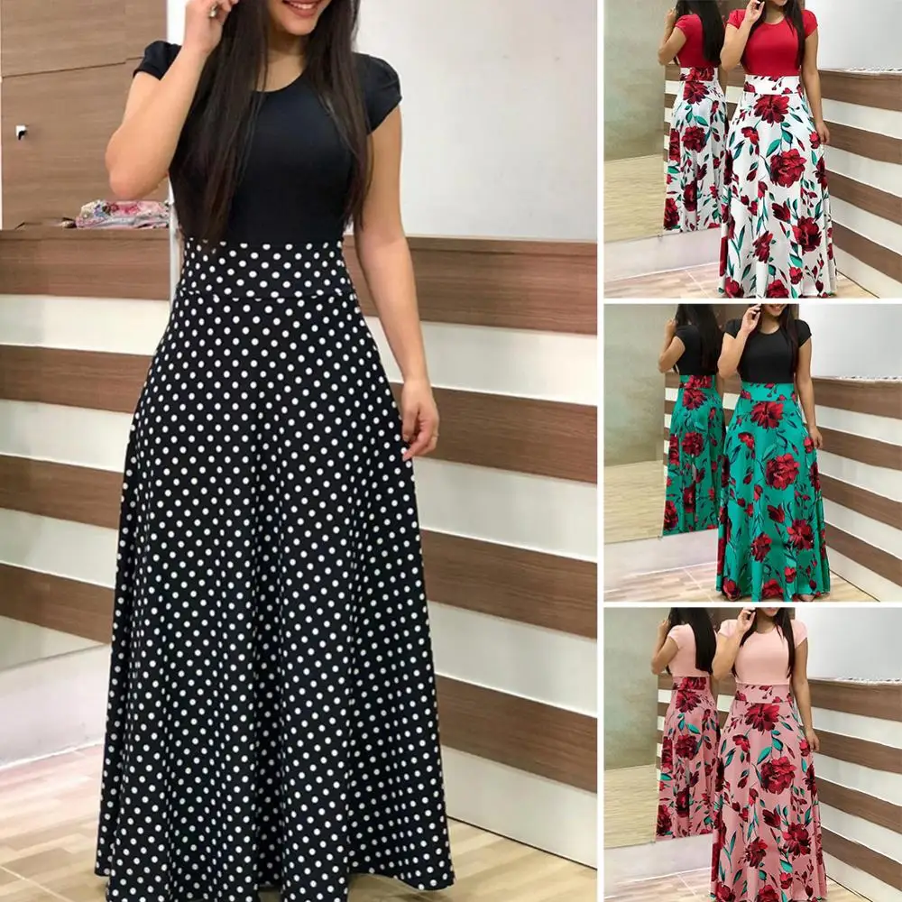 Elegant Women's Long Dress Flower Retro Printed Patchwork Long Sleeve Banquet Maxi Robe S-5XL