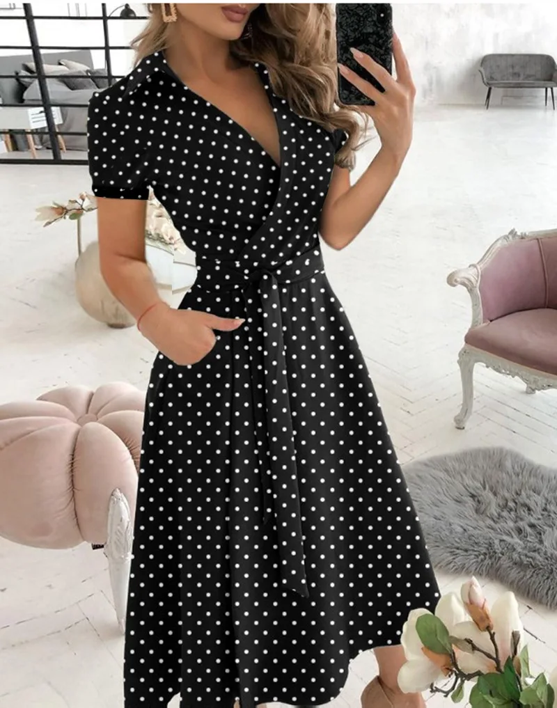 spring and summer fashion long-sleeved V-neck print bag buttock dress women's dress
