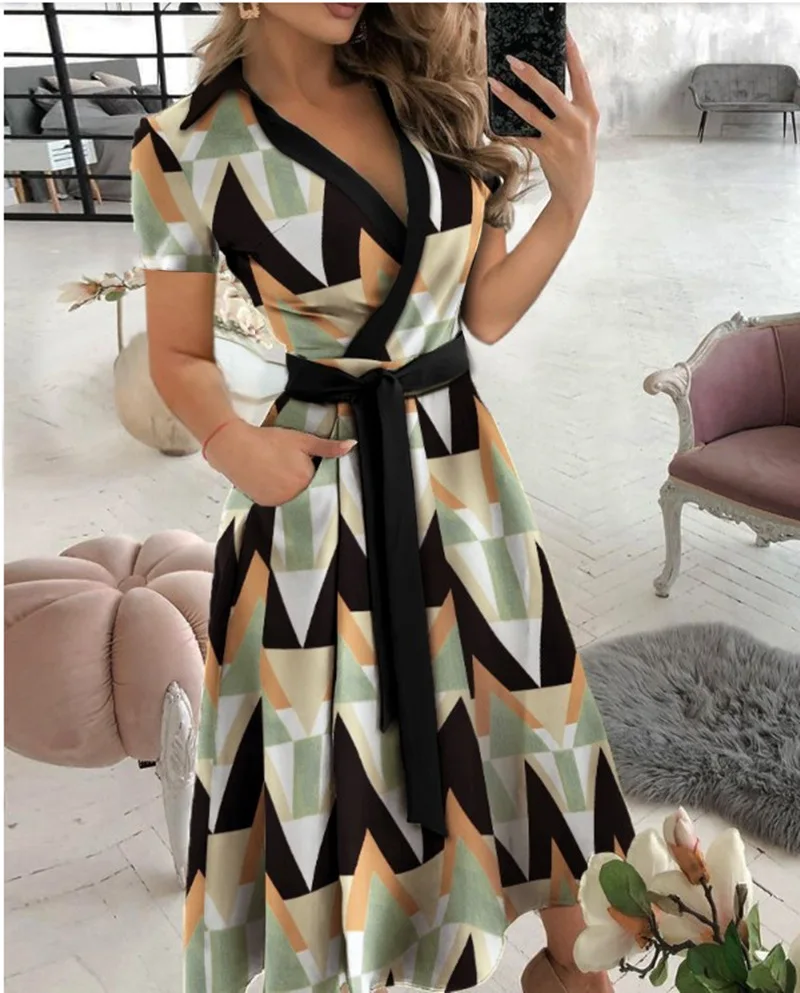 spring and summer fashion long-sleeved V-neck print bag buttock dress women's dress