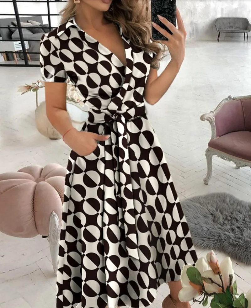 spring and summer fashion long-sleeved V-neck print bag buttock dress women's dress
