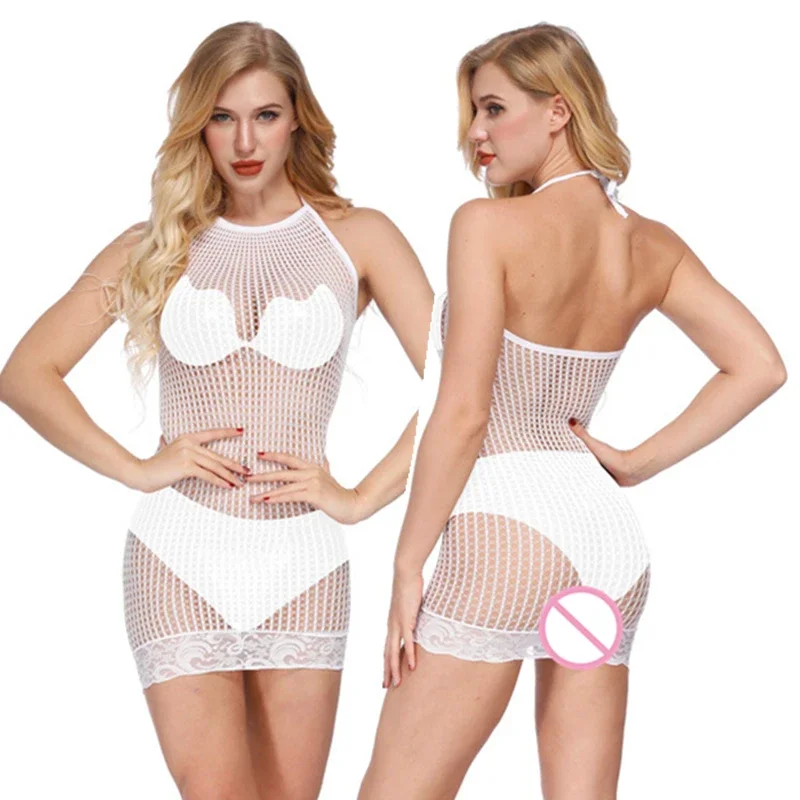 Halter Mesh Dress Women Hollow Out Lace Up Sleeveless Party Mini Bodycon Dress Summer Fishnet Dresses Beach Wear