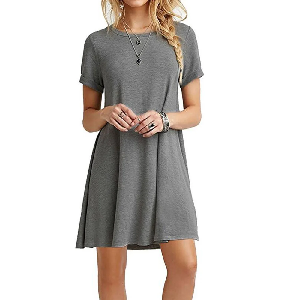 Women Shirt Dress Summer O-Neck Short Sleeve Slim A-Line Beach Holiday Dresses YKD-nz056