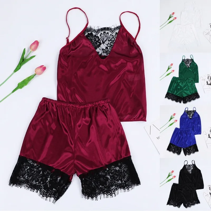 Women Pajamas Sexy Lace Pijama Nightie Sleepwear Home Clothes Tops and Shorts Women's Silk Pajamas Solid Color Pajama Set Women