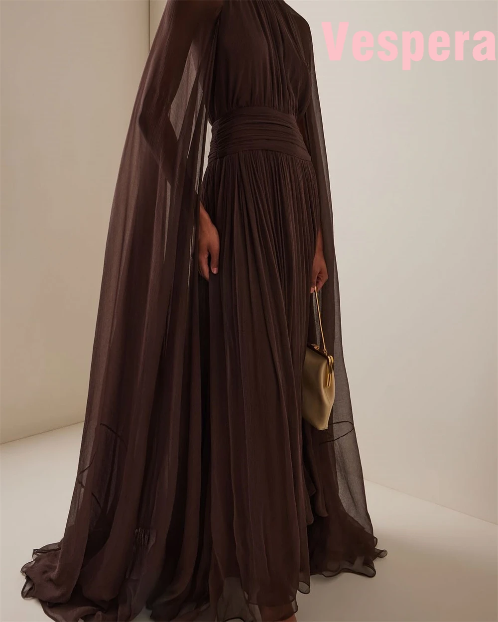 Customized Bohemian Chiffon Evening Dress Exquisite High Collar Celebrity Gowns Fashion   Watteau Train Vestido De Festa