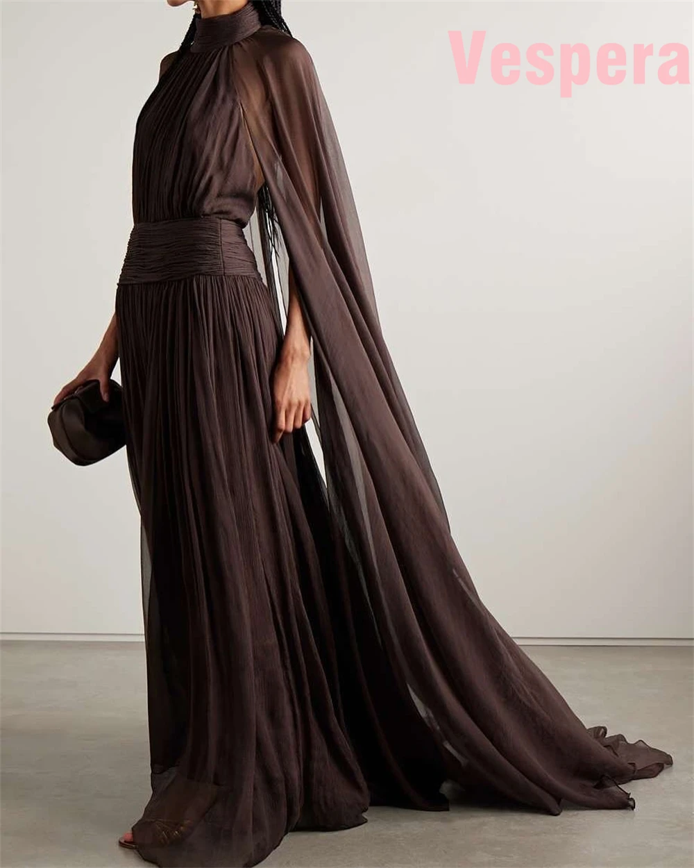 Customized Bohemian Chiffon Evening Dress Exquisite High Collar Celebrity Gowns Fashion   Watteau Train Vestido De Festa