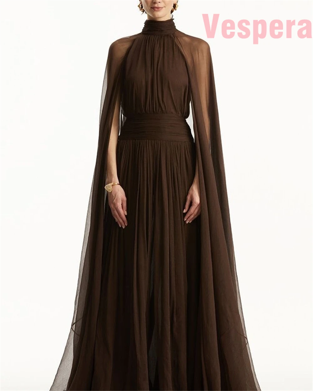 Customized Bohemian Chiffon Evening Dress Exquisite High Collar Celebrity Gowns Fashion   Watteau Train Vestido De Festa