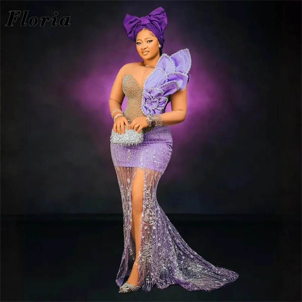 New Fashion Purple African Beaded Evening Dresses One Shoulder Crystals Girls Bridal Party Dress Engagement Dress Customized