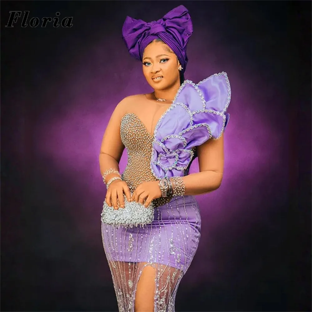 New Fashion Purple African Beaded Evening Dresses One Shoulder Crystals Girls Bridal Party Dress Engagement Dress Customized