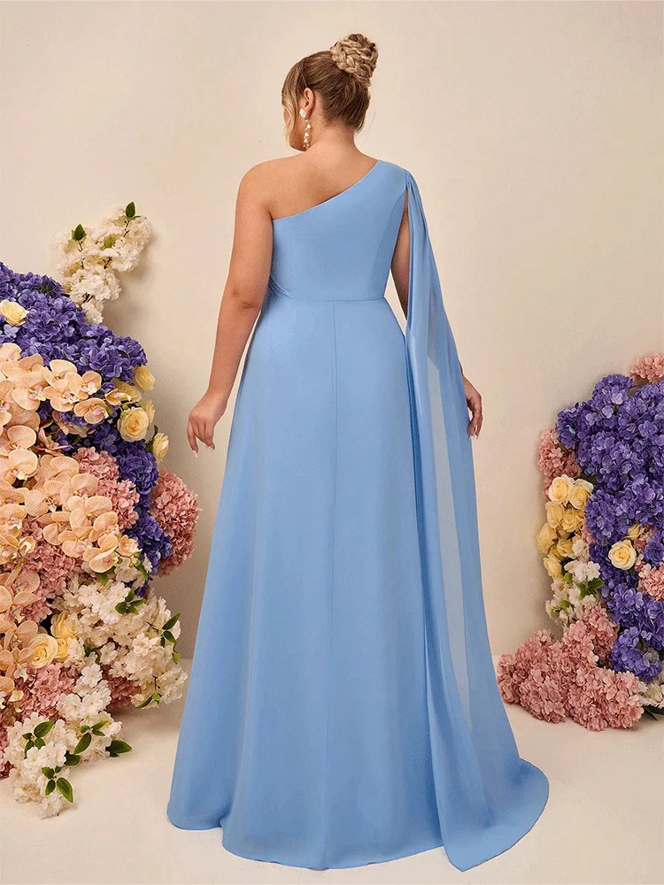 Plus Size One Shoulder Water Blue Chiffon Applique Banquet Evening Dress Luxury Wedding Banquet Floor-Length Evening Dress