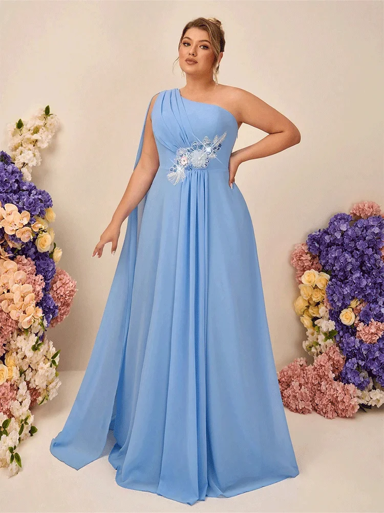 Plus Size One Shoulder Water Blue Chiffon Applique Banquet Evening Dress Luxury Wedding Banquet Floor-Length Evening Dress