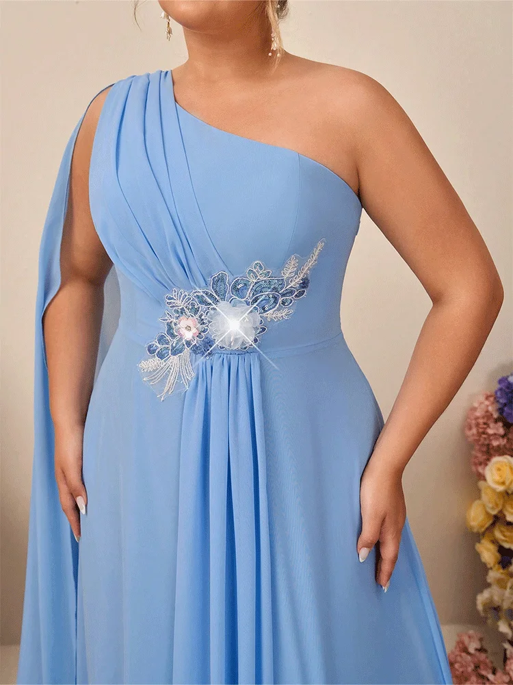 Plus Size One Shoulder Water Blue Chiffon Applique Banquet Evening Dress Luxury Wedding Banquet Floor-Length Evening Dress