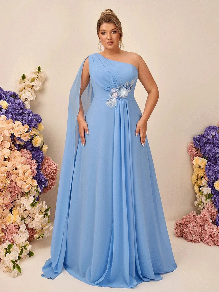 Plus Size One Shoulder Water Blue Chiffon Applique Banquet Evening Dress Luxury Wedding Banquet Floor-Length Evening Dress