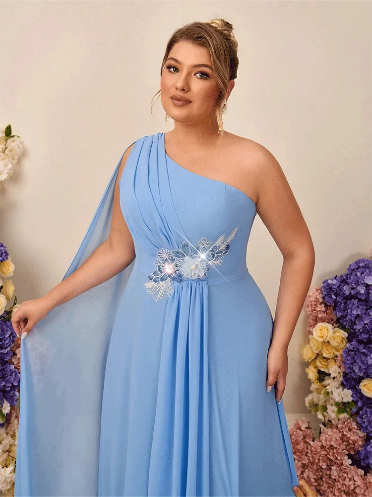 Plus Size One Shoulder Water Blue Chiffon Applique Banquet Evening Dress Luxury Wedding Banquet Floor-Length Evening Dress
