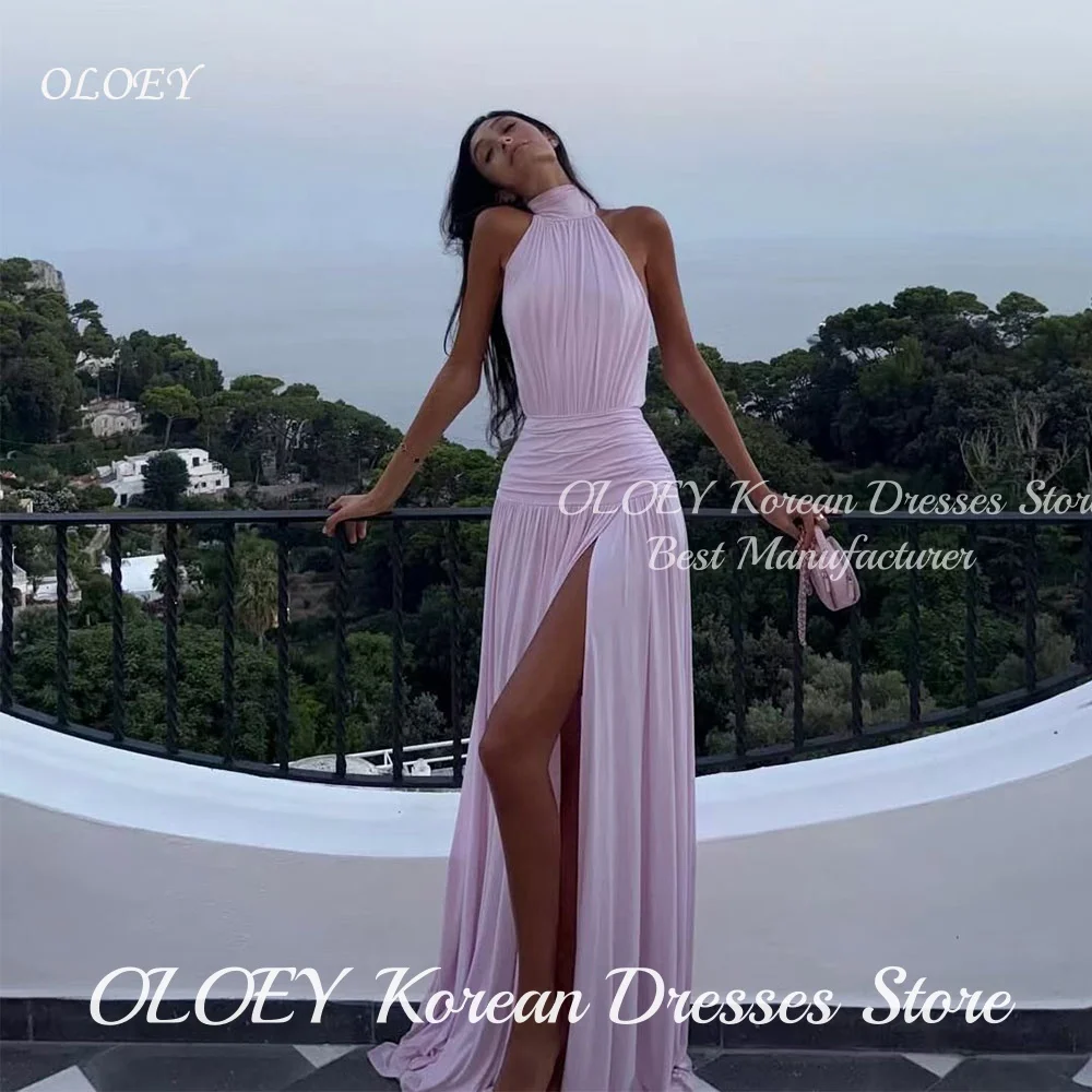 OLOEY Light Pink Chiffon Halter Draped A-Line Evening Dresses Side High Slit Women Party Prom Gown Wedding 2025 Customized