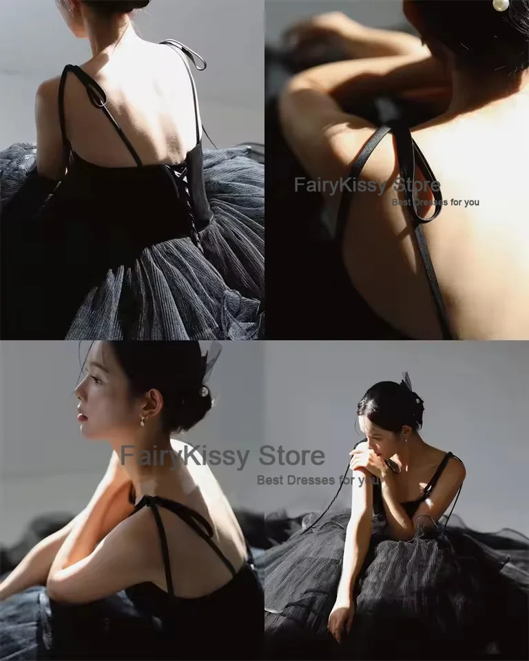 FairyKissy Princess Black Tiered Wedding Dresses Korea Photo shoot Spaghetti Straps Layered Evening Gowns Corset Back Customized
