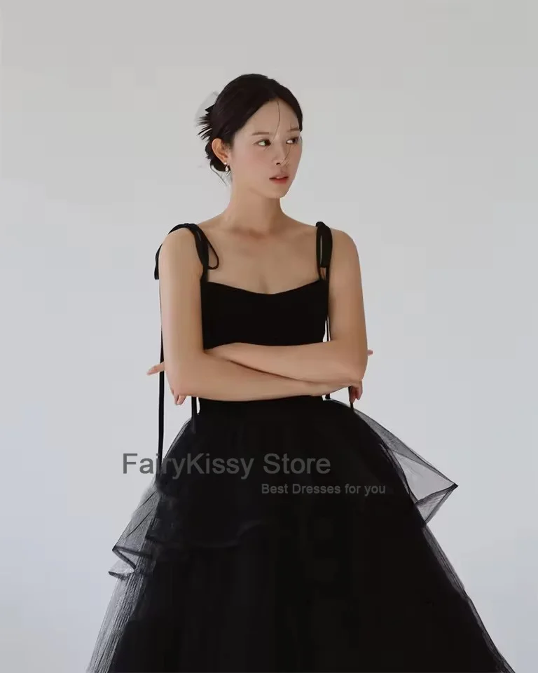 FairyKissy Princess Black Tiered Wedding Dresses Korea Photo shoot Spaghetti Straps Layered Evening Gowns Corset Back Customized