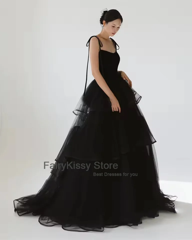 FairyKissy Princess Black Tiered Wedding Dresses Korea Photo shoot Spaghetti Straps Layered Evening Gowns Corset Back Customized