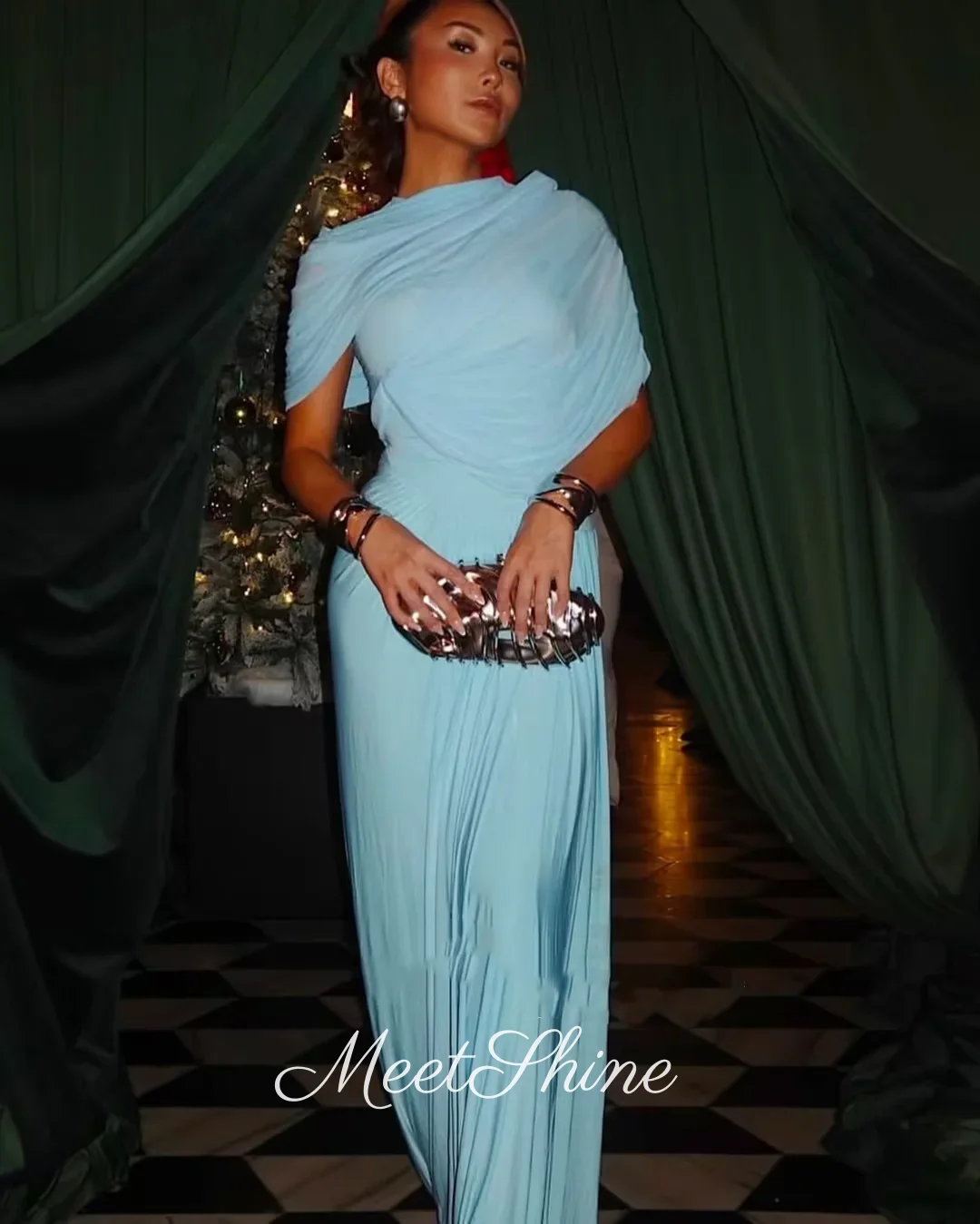 Dubai Sky Blue Chiffon Evening Dress with Cape Sweep Train O-Neck Formal Wedding Prom Dress High Quality Customized Party Dress