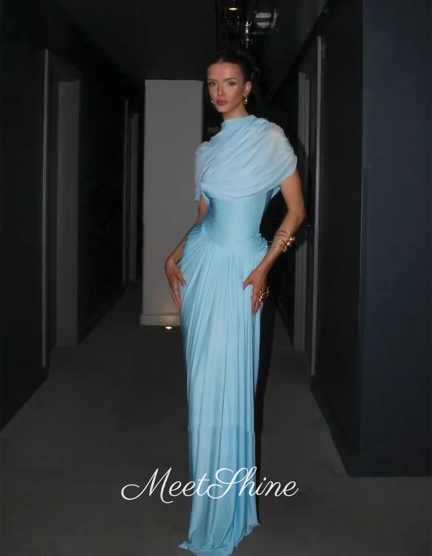 Dubai Sky Blue Chiffon Evening Dress with Cape Sweep Train O-Neck Formal Wedding Prom Dress High Quality Customized Party Dress