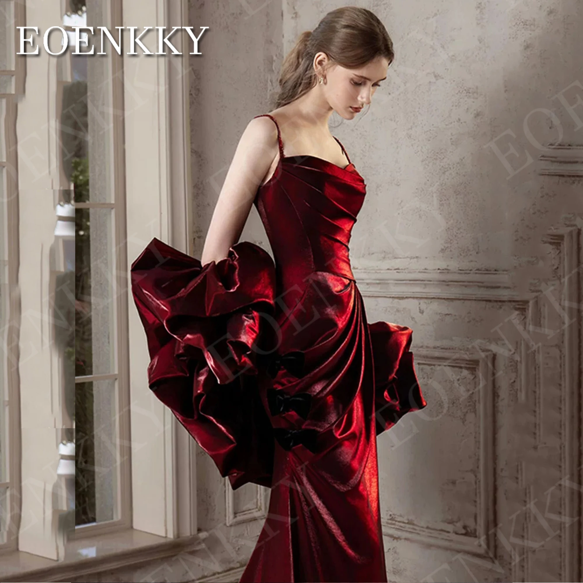 EOENKKY Arabic Burgundy Evening Dress with Sleeves Mermaid Sweetheart Party Celebrity Dresses Customized Spaghetti Strap Women