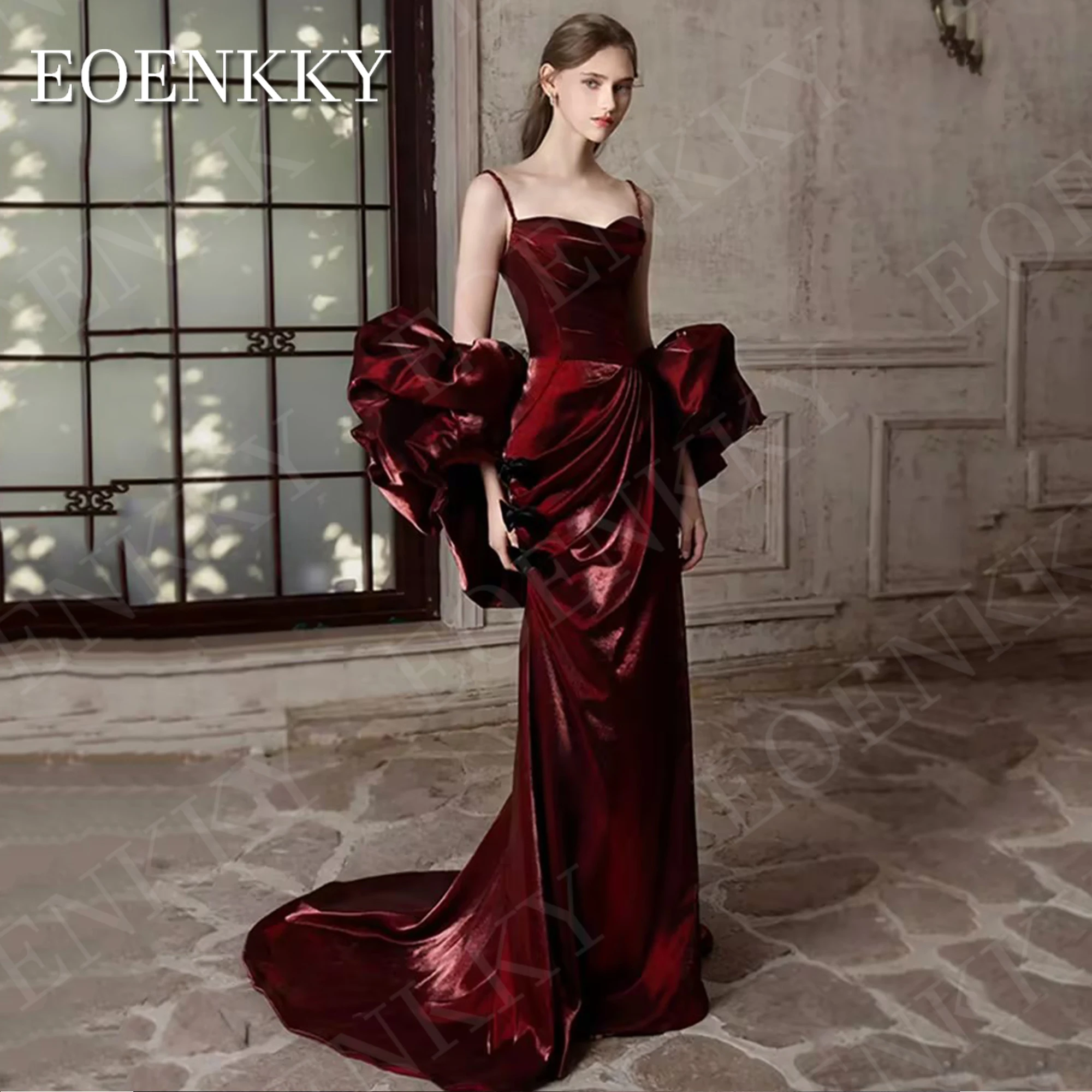 EOENKKY Arabic Burgundy Evening Dress with Sleeves Mermaid Sweetheart Party Celebrity Dresses Customized Spaghetti Strap Women