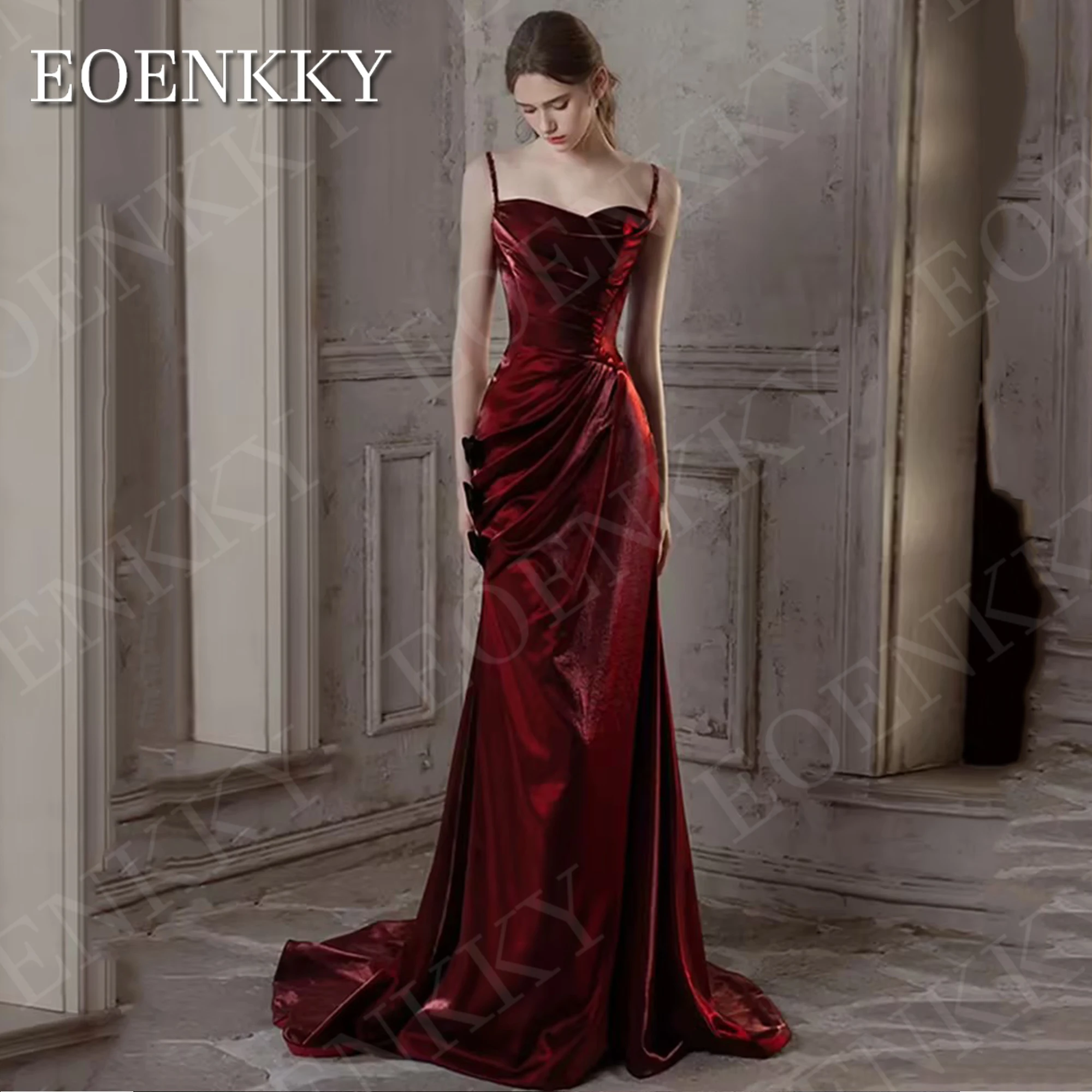 EOENKKY Arabic Burgundy Evening Dress with Sleeves Mermaid Sweetheart Party Celebrity Dresses Customized Spaghetti Strap Women