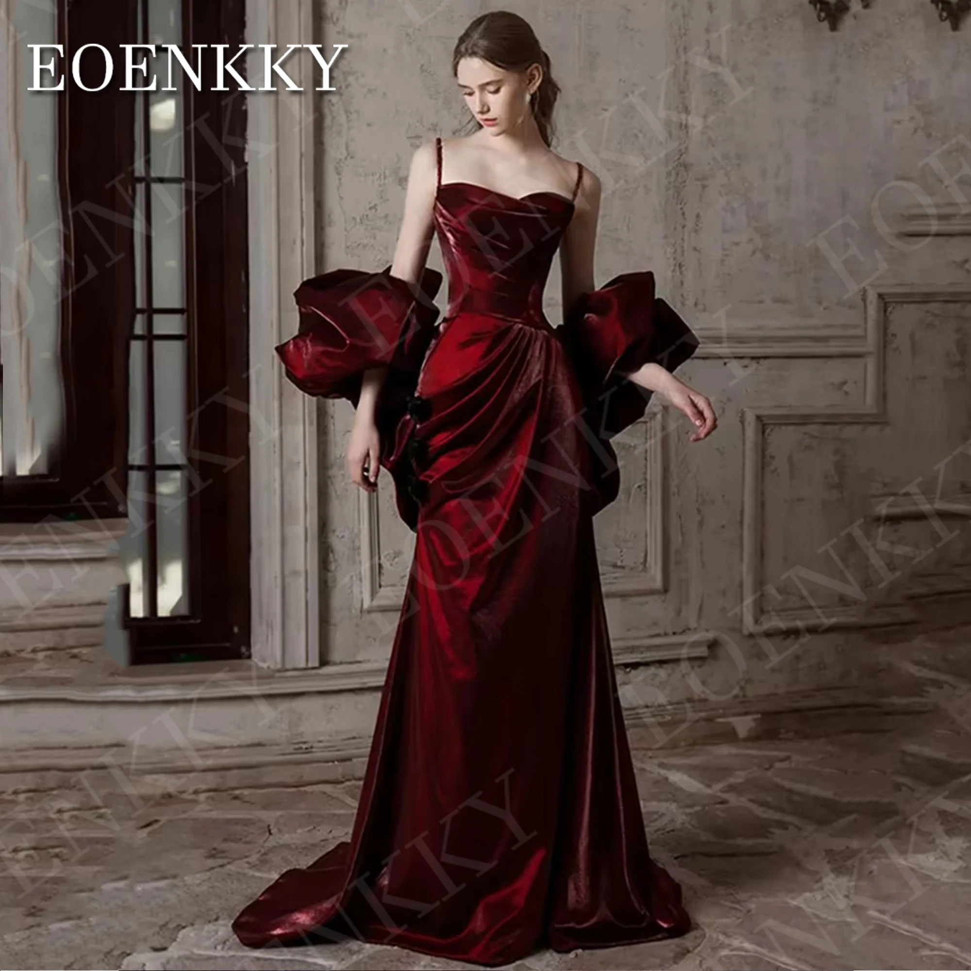 EOENKKY Arabic Burgundy Evening Dress with Sleeves Mermaid Sweetheart Party Celebrity Dresses Customized Spaghetti Strap Women