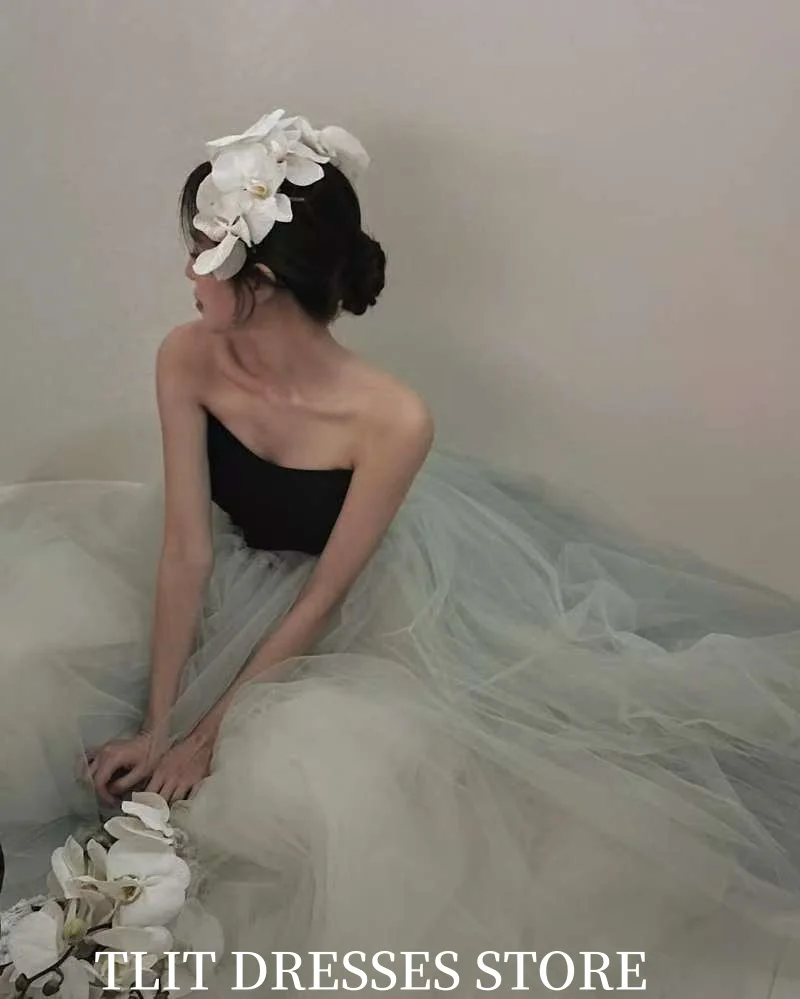 TLIT Fairy Light Green Tulle Evening Dress Korea Wedding Dress Photo Shoot Strapless Prom Gowns Customized Corset Back