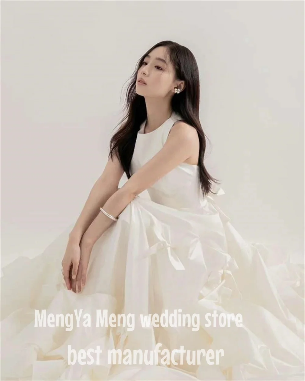 ZHUISHU O Neck Korea Wedding Dress Ruched Tiered Cut Out Back Wedding Photography Gowns Sleeveless Floor Length Robe de marriage