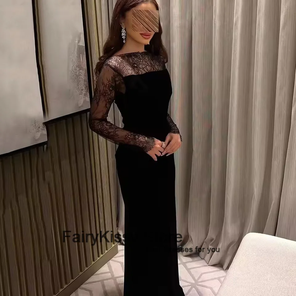 FairyKissy Black Crepe Evening Dress High Neck Full Sleeves Mermaid Prom Gown Arabic Formal Black Dresses Customized