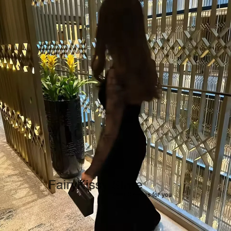 FairyKissy Black Crepe Evening Dress High Neck Full Sleeves Mermaid Prom Gown Arabic Formal Black Dresses Customized