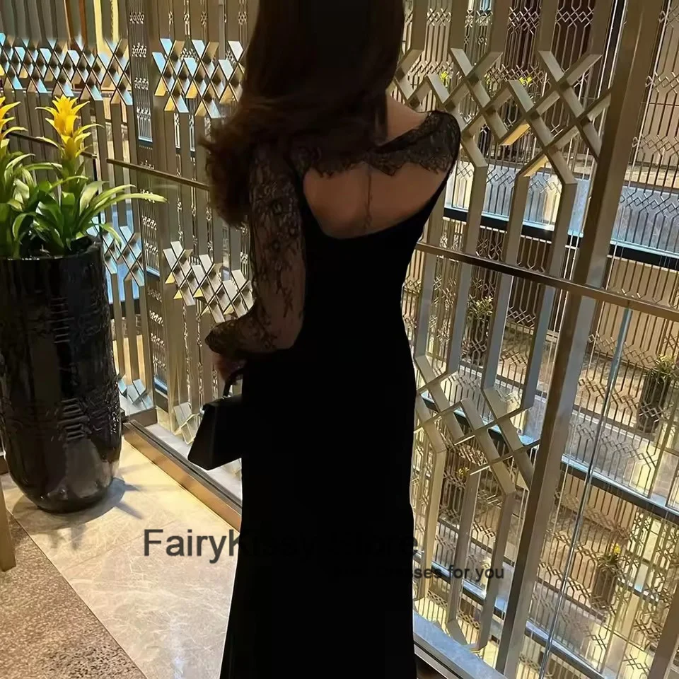 FairyKissy Black Crepe Evening Dress High Neck Full Sleeves Mermaid Prom Gown Arabic Formal Black Dresses Customized