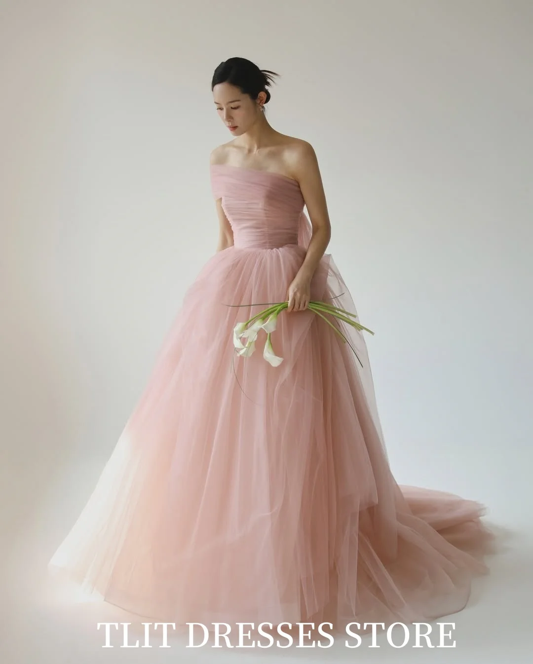 TLIT Elegant Baby Pink Tulle Evening Dress Korea Wedding Dress Photo Shoot Strapless  Prom Gowns Customized Floor-Length Gowns