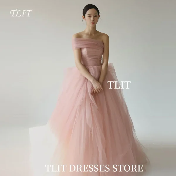 TLIT Elegant Baby Pink Tulle Evening Dress Korea Wedding Dress Photo Shoot Strapless  Prom Gowns Customized Floor-Length Gowns