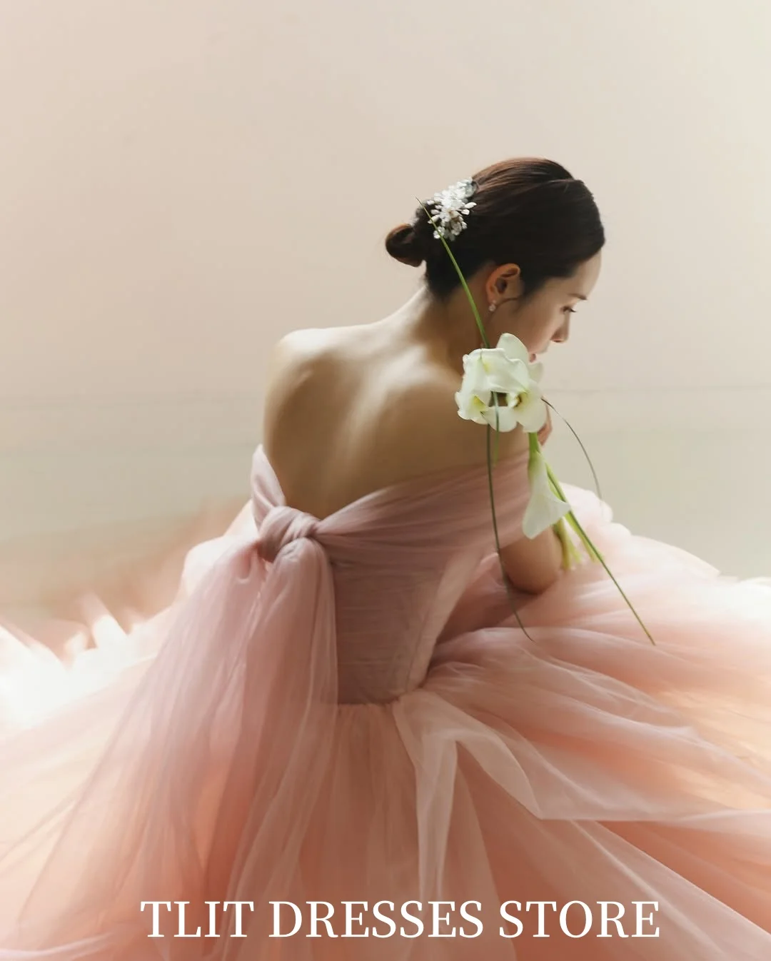 TLIT Elegant Baby Pink Tulle Evening Dress Korea Wedding Dress Photo Shoot Strapless  Prom Gowns Customized Floor-Length Gowns