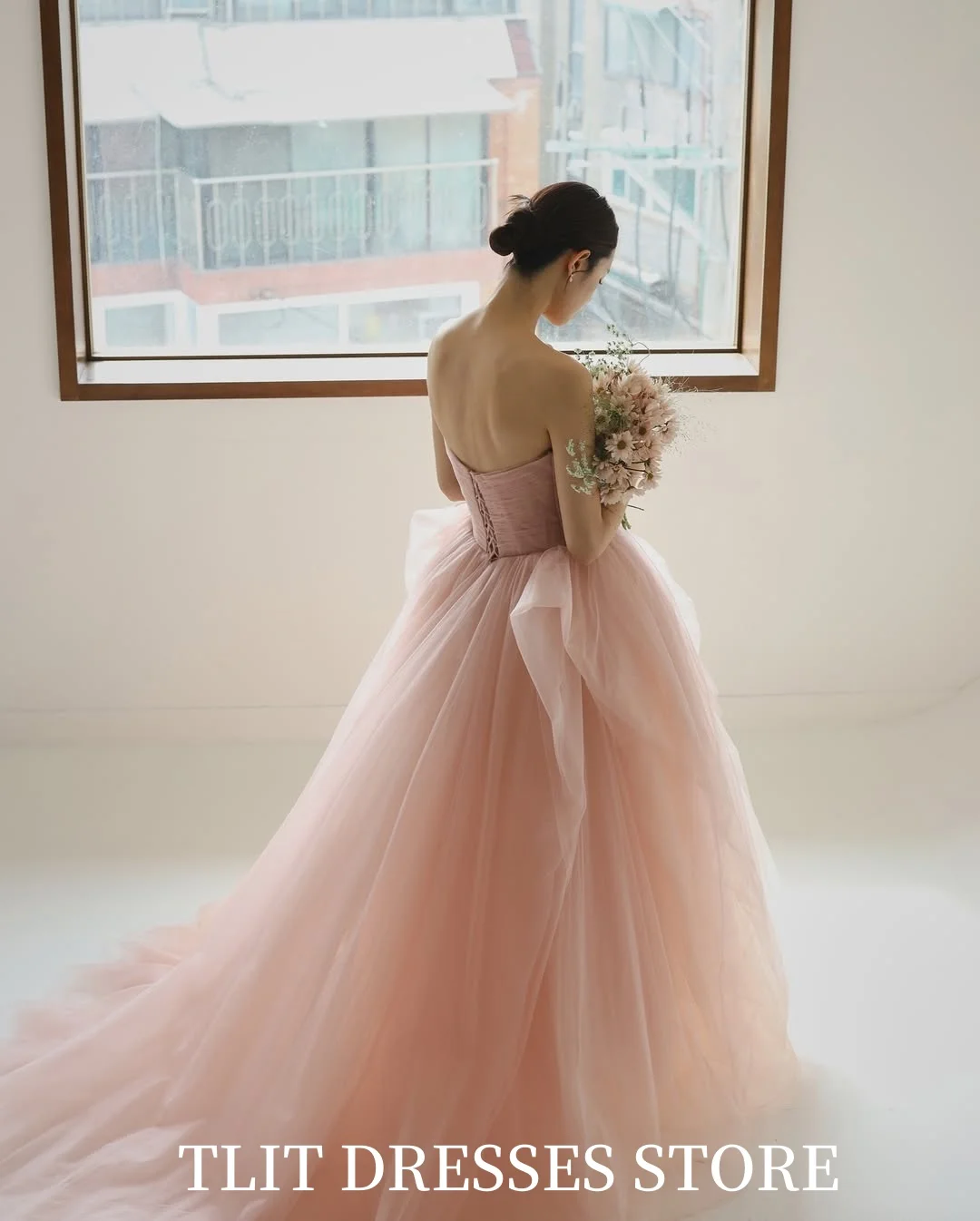 TLIT Elegant Baby Pink Tulle Evening Dress Korea Wedding Dress Photo Shoot Strapless  Prom Gowns Customized Floor-Length Gowns