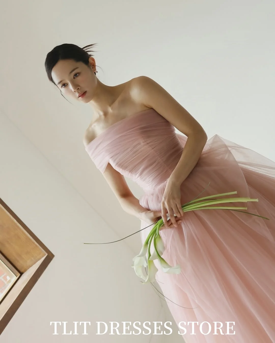 TLIT Elegant Baby Pink Tulle Evening Dress Korea Wedding Dress Photo Shoot Strapless  Prom Gowns Customized Floor-Length Gowns