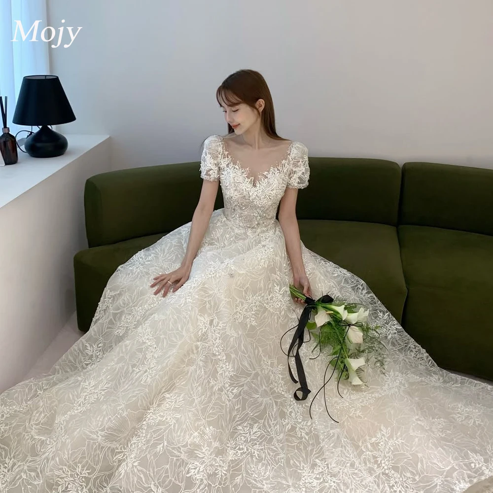 Mojy Elegant Floral Appliques Wedding Dress Photo Shoot Sweetheart Sweep Train Bridal Gown Customized Corset Evening Dresses