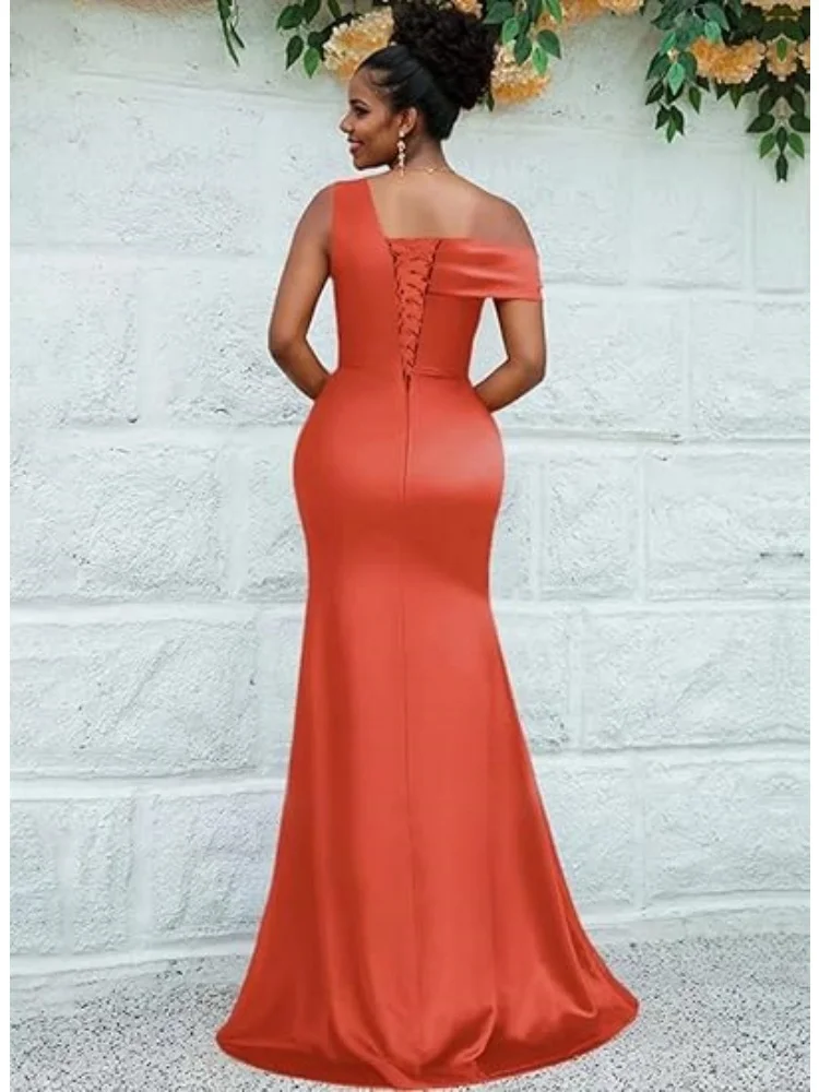Mermaid One Shoulder Bridesmaid Dresses for Women Satin Long Corset Prom Dresses Formal Evening Gown