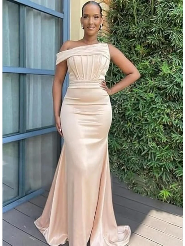 Mermaid One Shoulder Bridesmaid Dresses for Women Satin Long Corset Prom Dresses Formal Evening Gown