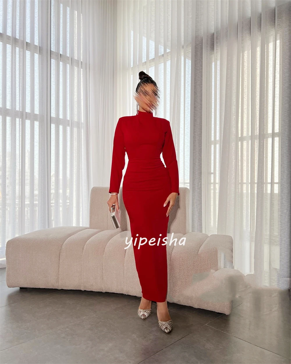 Customized Simple Jersey Pleat Column High Collar Midi Dresses Celebrity Dresses Pastrol Casual Exquisite Modern Style Classic M