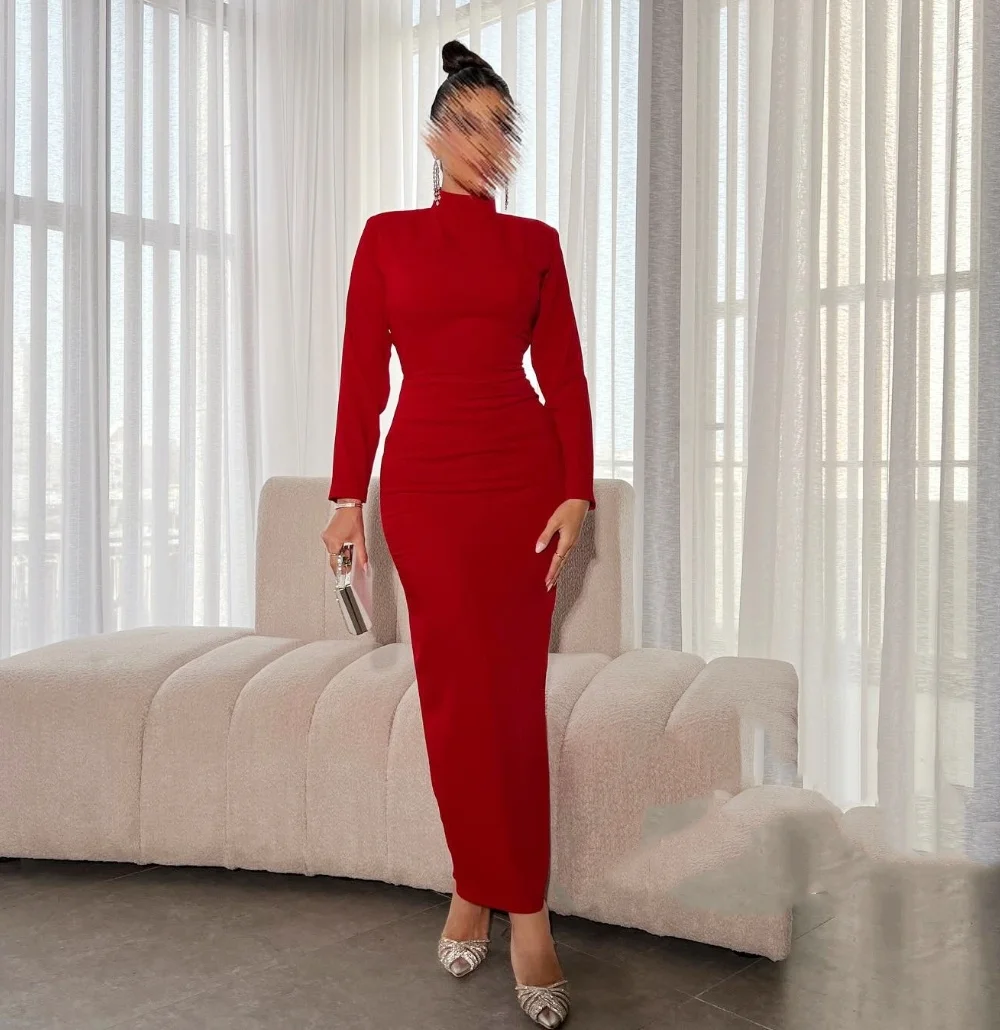 Customized Simple Jersey Pleat Column High Collar Midi Dresses Celebrity Dresses Pastrol Casual Exquisite Modern Style Classic M