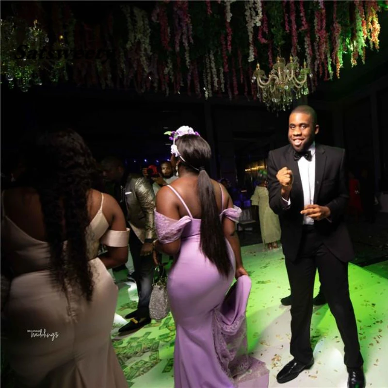 Black Girl Mermaid Bridesmaid Dresses Cheap African Off Shoulder Wedding Guest Gown Long Spaghetti Prom Evening Dress